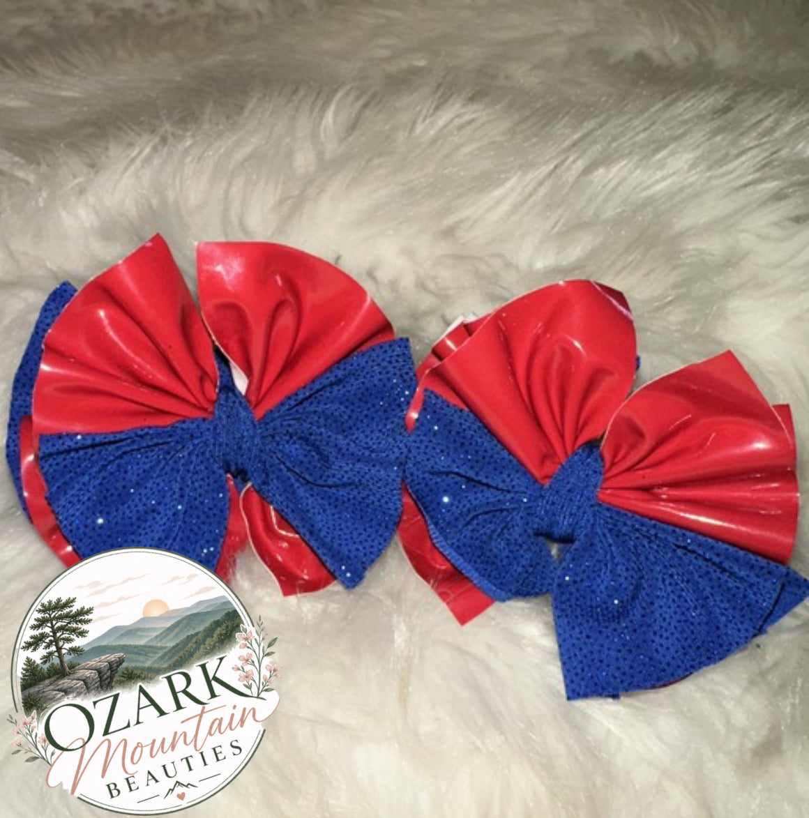 Red pleather and dark blue sparkle shredded piggies hairbow set